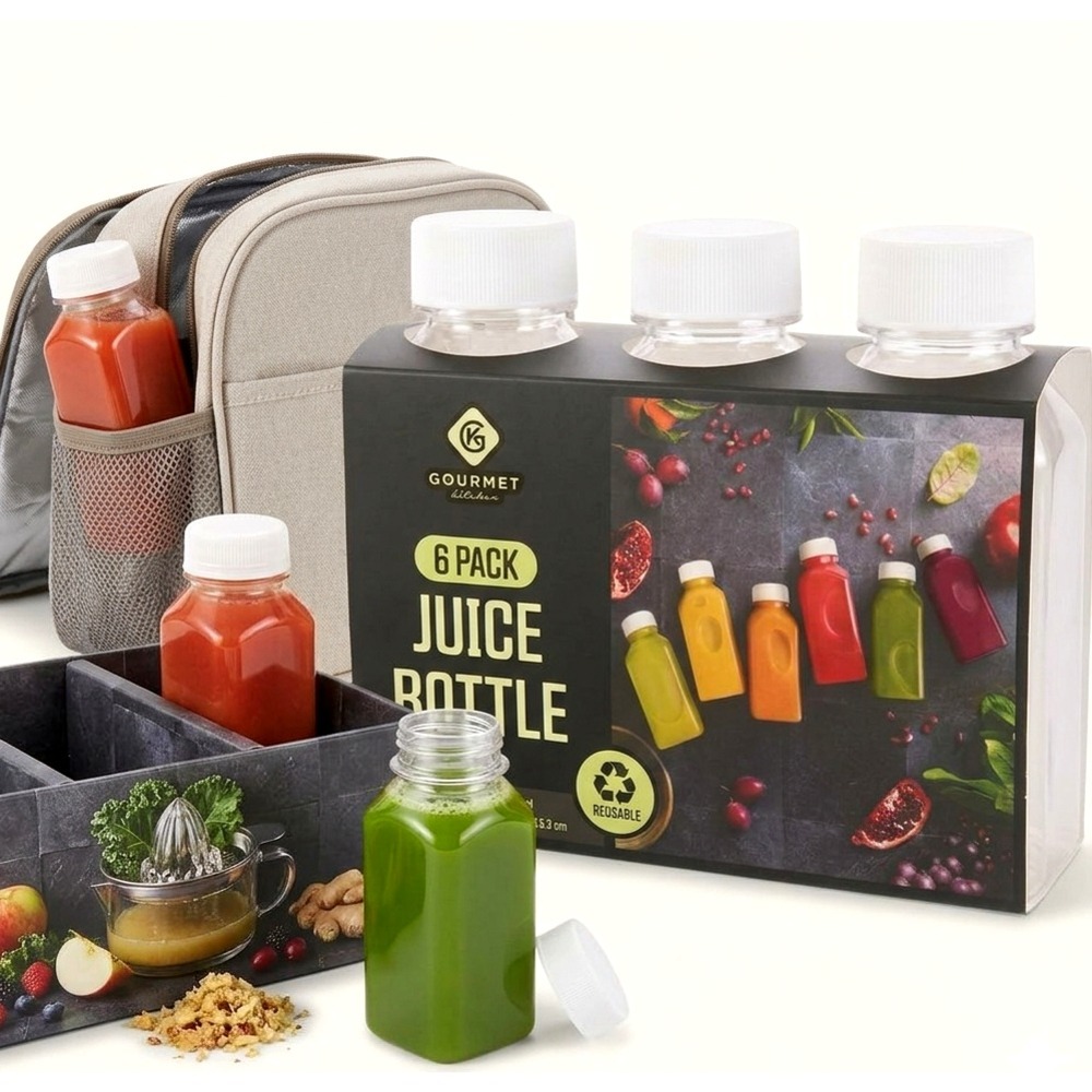 6 Pack - Clear Empty Reusable Plastic Juice Bottles with Tamper Caps 8 Oz.